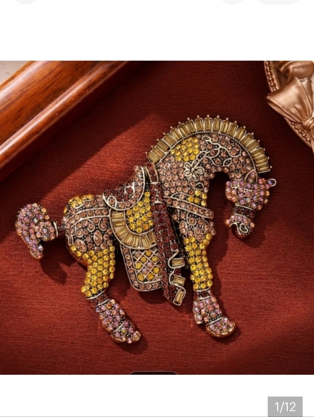 🆕️🐴 BROWN & GOLDEN YELLOW RHINESTONE ENCRUSTED HORSE BROOCH / PIN 🐴